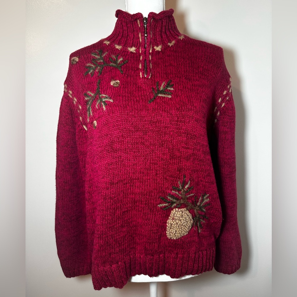 Coldwater Creek Burgundy Sweater with Pinecone and Evergreen Embroidery 1x Wool